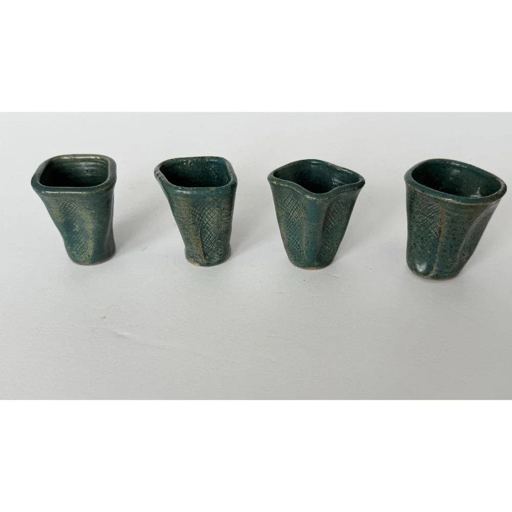 Vintage Blue Pottery Shot Glasses Set of 4 Handmade Ceramic Japan Teal Cups